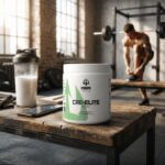 Creatine monohydrate supplement tub on a gym bench with an athlete in the background.